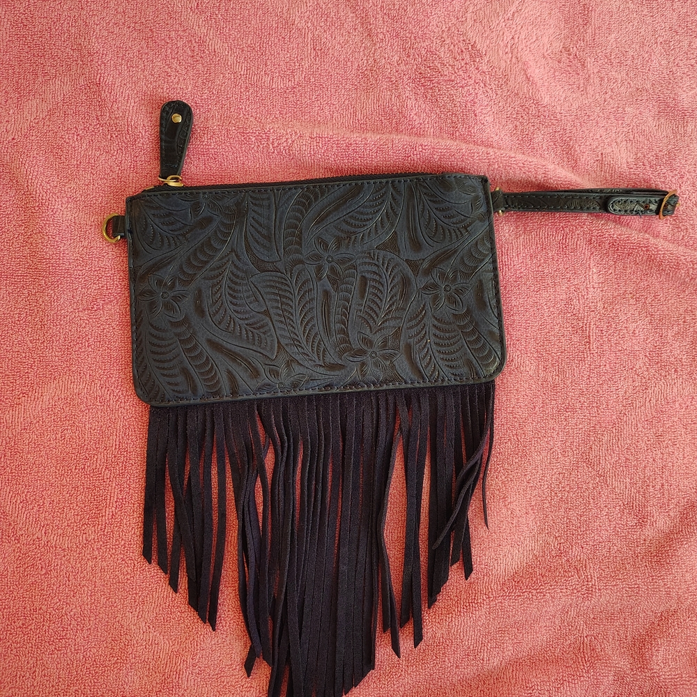 Free People Embossed Fringe Wristlet Clutch